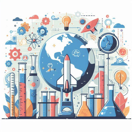 Vector illustration of science and education concept with rocket, science equipment and globeのイラスト素材