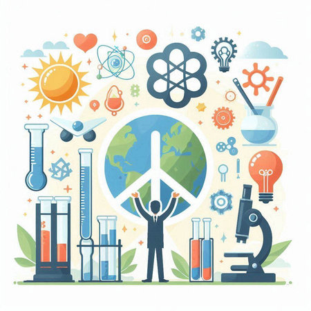 Ecology and environment protection concept. Vector flat design illustration of man with globe, microscope, test tubes, flasks and icons.のイラスト素材