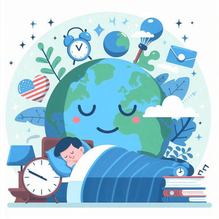Illustration of a boy sleeping on the pillow with a world globe.のイラスト素材