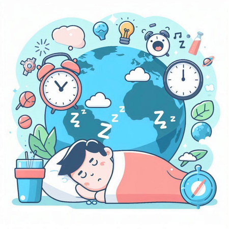Sleeping man with alarm clock on the background of the earthのイラスト素材