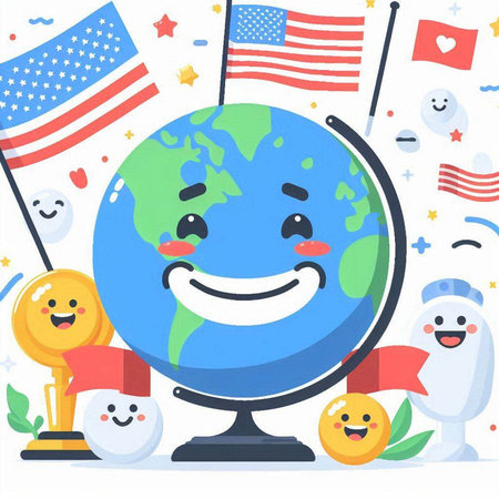 Vector illustration of globe with happy face and flag. Flat style design.のイラスト素材