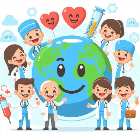World Health Day. Group of doctors and nurses with a globe. Vector illustration.のイラスト素材