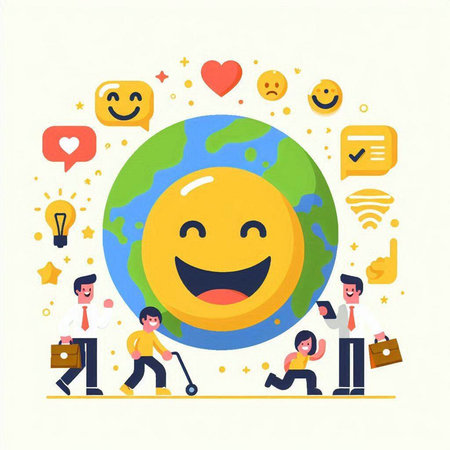 Global communication concept. People with social media icons. Vector illustration.のイラスト素材