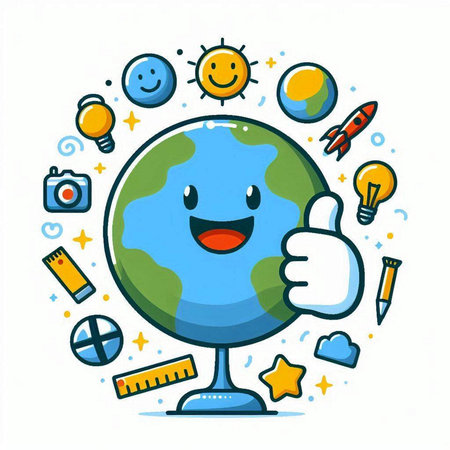 Vector illustration of cute cartoon globe character with thumbs up. Cute hand drawn earth globe character.のイラスト素材