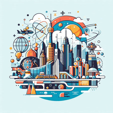 Vector illustration of urban landscape. City with skyscrapers, buildings, road, train, airplane, globe and other elements.のイラスト素材