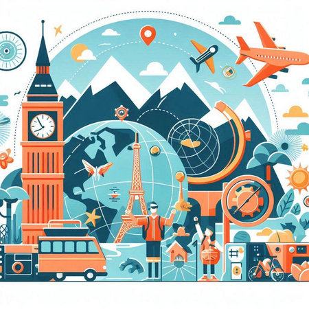 Travel around the world. Vector illustration in flat design style with icons.のイラスト素材