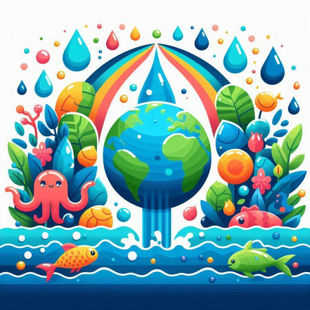 Vector Illustration of World Environment Day. Planet Earth, Fish, Water and Rainbow.のイラスト素材