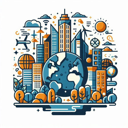Ecology concept. Vector illustration. Earth planet and cityscape.のイラスト素材