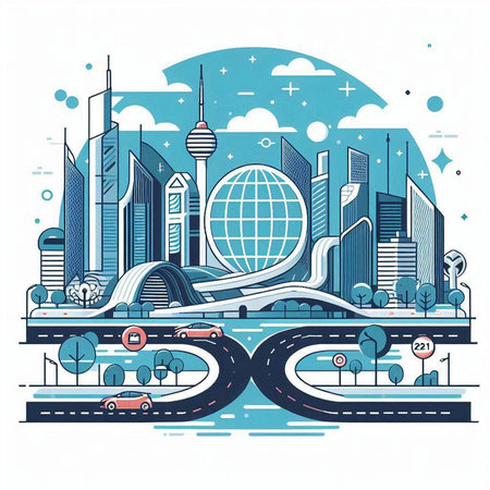 City landscape with skyscrapers, roads and buildings. Vector illustrationのイラスト素材