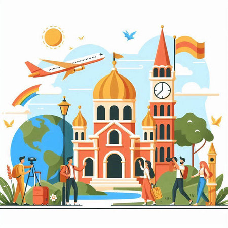 Travel to Europe. Travelling around the world. Vector flat illustrationのイラスト素材