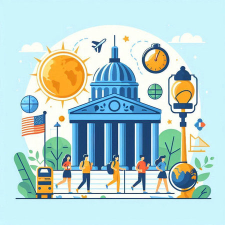 Flat design vector illustration concept of travel to United States. Tourists on the background of the United States Capitol building and traveling around the world.のイラスト素材