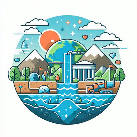 Vector illustration of a natural landscape in the flat style. Landscape with a river, mountains, trees and buildings.のイラスト素材