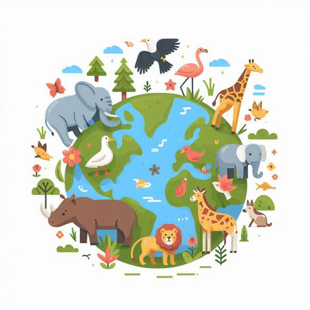 Circle with different wild animals around the world. Vector illustration.のイラスト素材