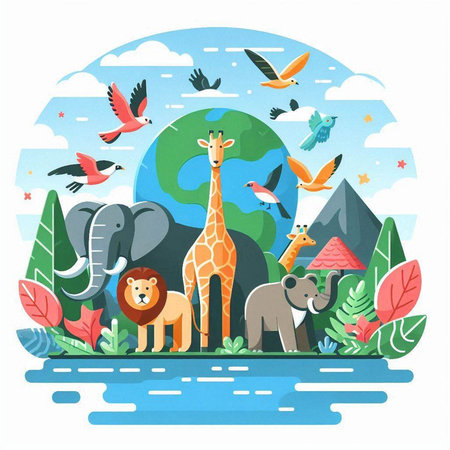 Animals on the background of the planet. Cartoon vector illustration.のイラスト素材