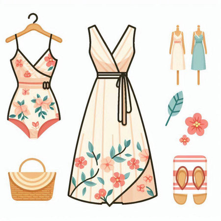 Women's clothing set. Women's dress and accessories. Vector illustration.のイラスト素材
