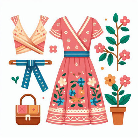 Summer fashion set. Women's clothes, accessories and flowers. Vector illustrationのイラスト素材