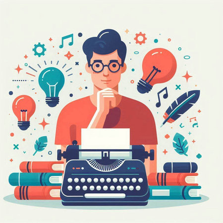 Young man writer with a typewriter and books. Vector illustration.のイラスト素材