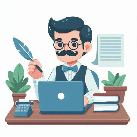 Businessman working with laptop. Vector illustration in a flat style.のイラスト素材