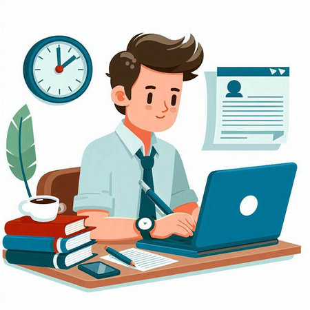 Vector illustration of a young man working at his desk in the officeのイラスト素材