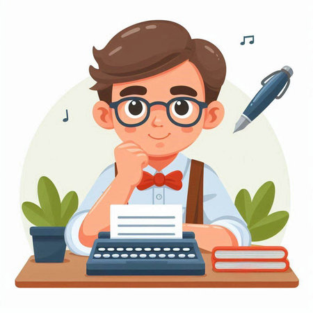 Boy in glasses writing on typewriter. Vector illustration in cartoon styleのイラスト素材