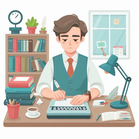 Businessman working at desk in office. Vector illustration in cartoon styleのイラスト素材
