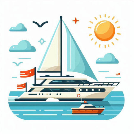 Yacht in the sea. Vector illustration in flat cartoon style.のイラスト素材
