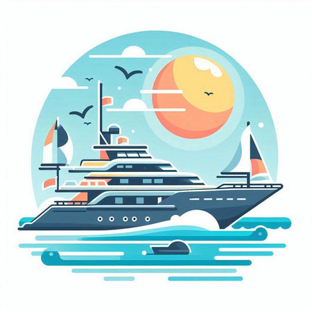 Yacht in the sea. Vector illustration in flat cartoon style.のイラスト素材