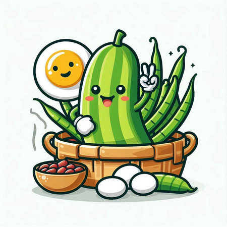 Cucumber character design with egg and aloe vera vector illustrationのイラスト素材