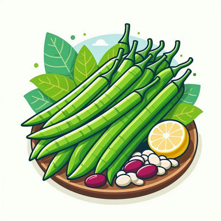Illustration of fresh green beans on wooden plate with lemon and leavesのイラスト素材
