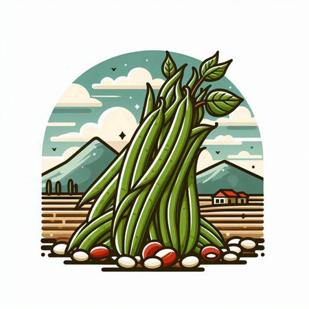Bunch of green beans in front of the mountain. Vector illustration.のイラスト素材