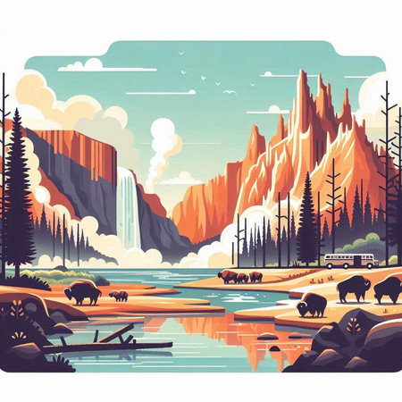 Landscape with mountains, river and bison. Vector illustration.のイラスト素材