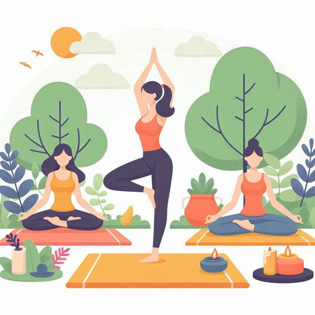 Women practicing yoga in the park. Healthy lifestyle. Vector illustration.のイラスト素材