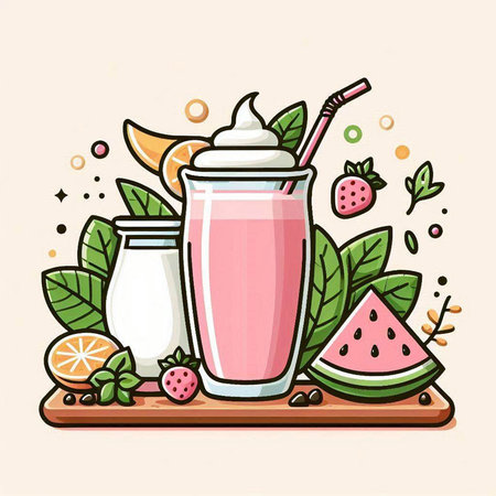 Milkshake with fruits and berries. Vector illustration in flat style.のイラスト素材