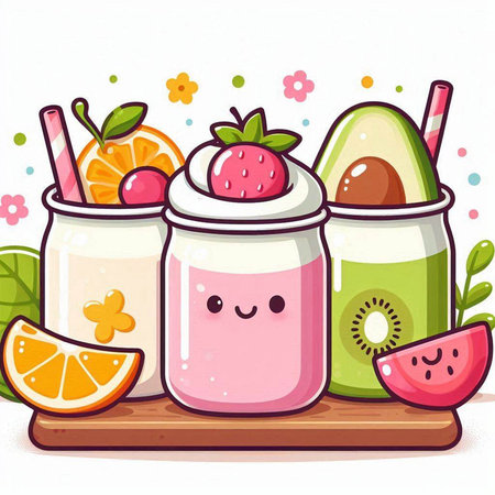 Cute cartoon smoothies in jars with fruits and berries. Vector illustration.のイラスト素材