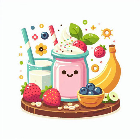 Funny vector illustration of milkshake with fruits and berries.のイラスト素材