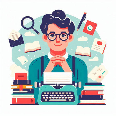 Young man writer in glasses with typewriter and books. Flat vector illustration.のイラスト素材
