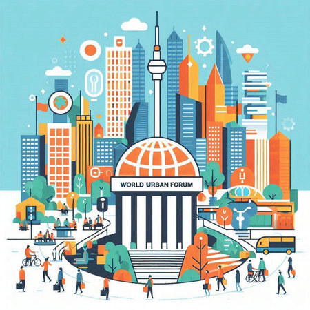 Vector illustration of modern city with people walking around. Flat style design.のイラスト素材