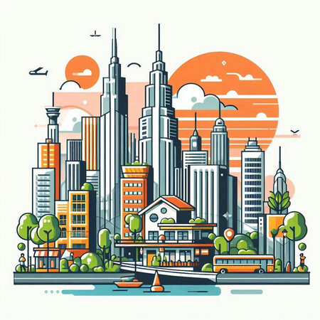 Modern city landscape with buildings and skyscrapers. Vector illustration.のイラスト素材