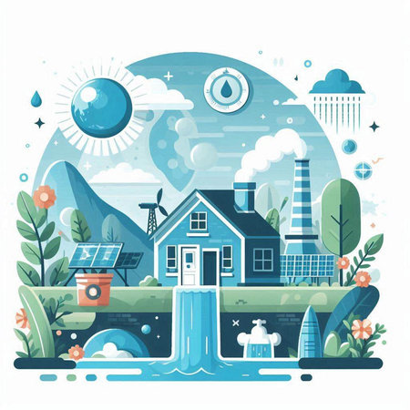 Ecology concept with water and windmill. Vector flat illustration.のイラスト素材