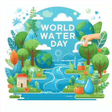 World Water Day banner with hand pouring water from the tap into the river. Vector illustrationのイラスト素材