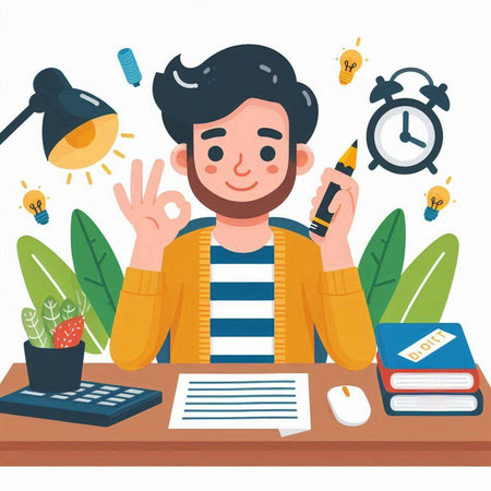 Young man working at home. Freelance, remote work concept. Vector illustrationのイラスト素材