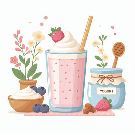 Milkshake with strawberry and blueberry. Vector illustration in cartoon style.のイラスト素材