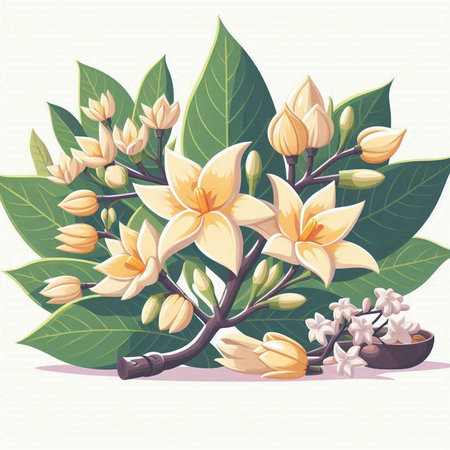 Illustration of white frangipani flowers with green leaves.のイラスト素材