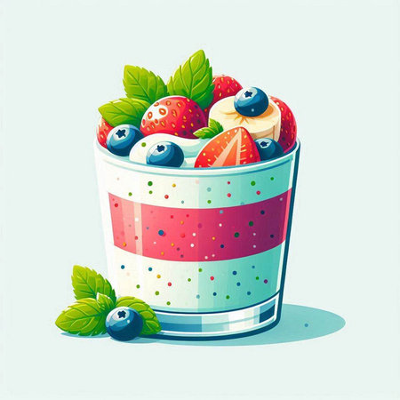 Vector illustration of a glass of yoghurt with strawberries and blueberriesのイラスト素材