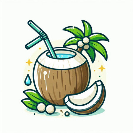 Coconut water drink vector illustration. Hand drawn cartoon style icon.のイラスト素材