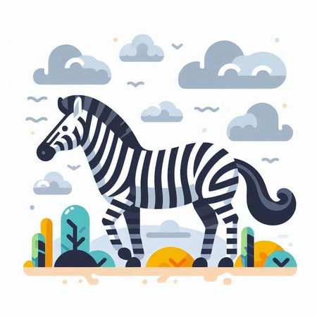 Zebra on the background of nature. Vector illustration in flat style.のイラスト素材