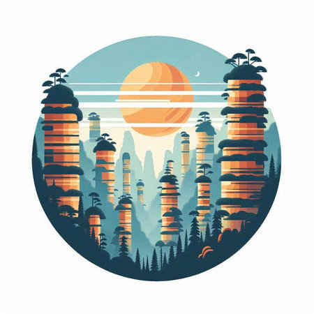 Tropical forest and sunset. Vector illustration in a flat style.のイラスト素材