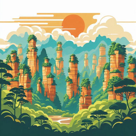 Landscape with mountains and river. Vector illustration in retro style.のイラスト素材