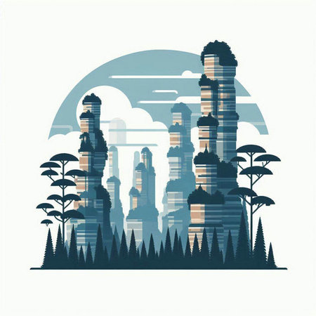 Modern city with skyscrapers and pines. Vector illustration.のイラスト素材