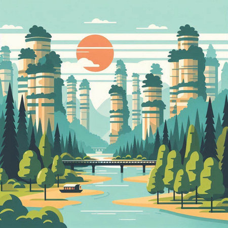 City landscape with trees, river and high buildings. Vector illustration.のイラスト素材